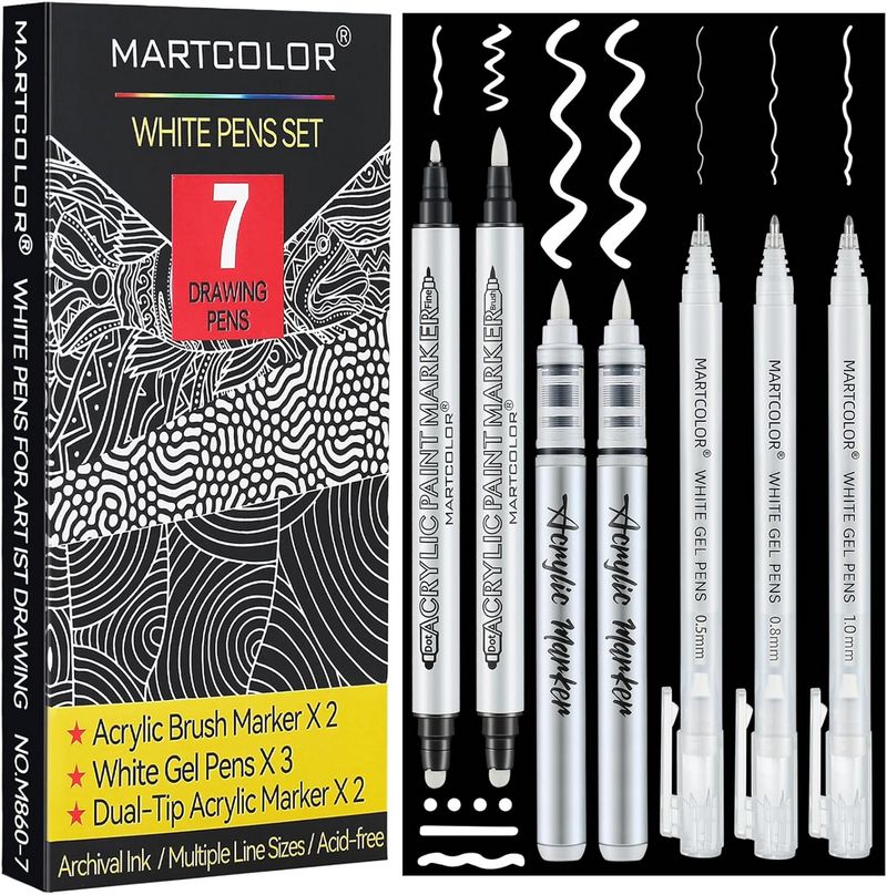 MartColor 7-pack white gel and acrylic paint pen set for journaling and illustration