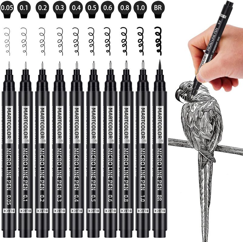 MartColor 10-size micro fineliner pen set with waterproof archival black ink