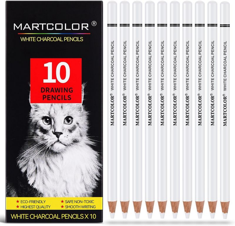 MartColor 10-piece white charcoal pencil set for highlights on dark paper